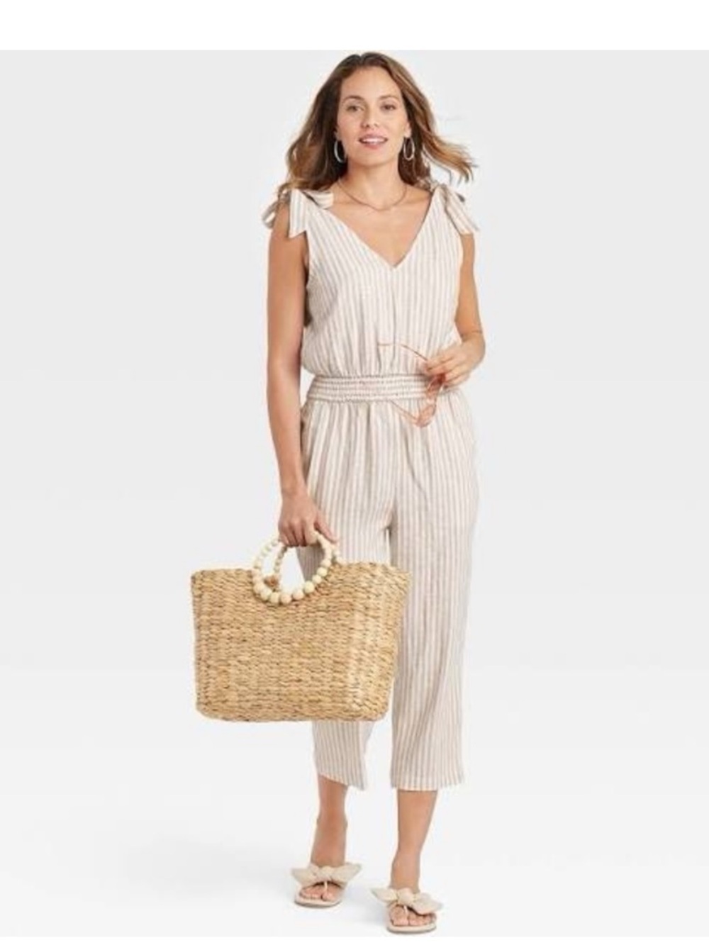 a new day Cream & Taupe Striped Tie-Shoulder Linen-Blend Cropped Jumpsuit Small